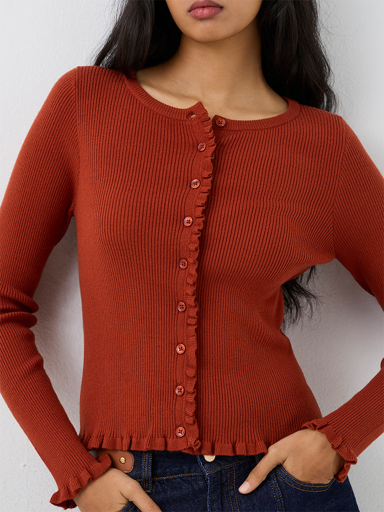 LOV Rust Ribbed-Knit Ruffled Cardigan
