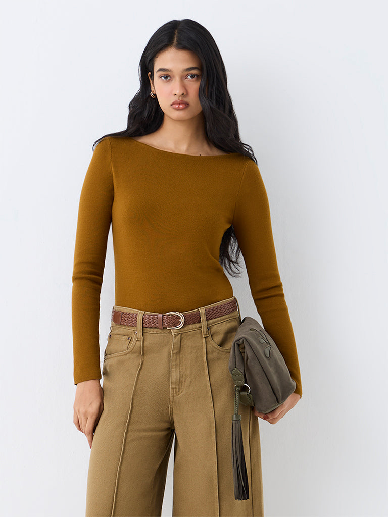 LOV Mustard Solid Knitted Top