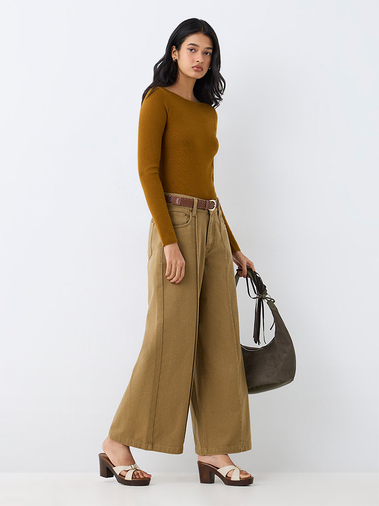 LOV Mustard Solid Knitted Top
