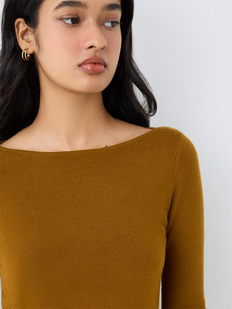 LOV Mustard Solid Knitted Top