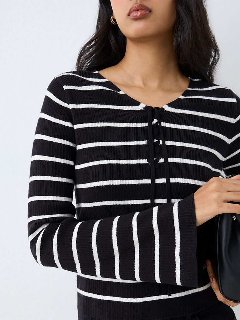 LOV Black Striped Ribbed-Textured Top