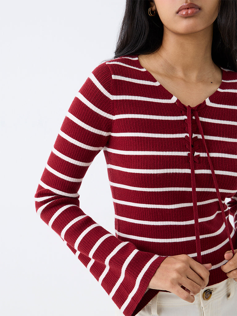 LOV Red Striped Ribbed-Textured Top