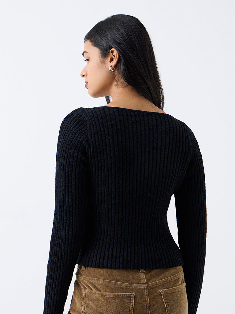 LOV Black Ribbed-Textured Top