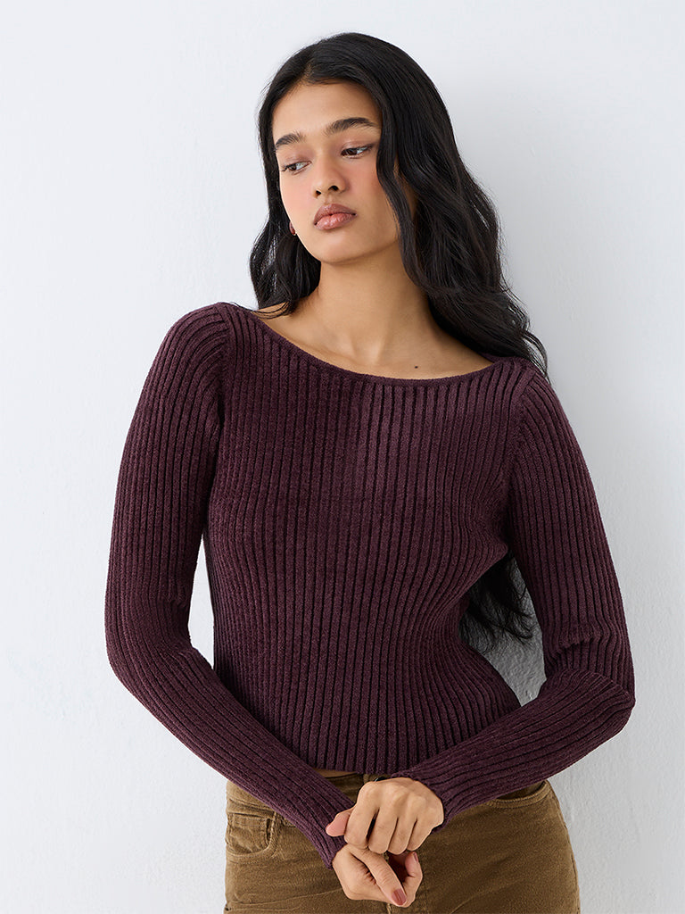 LOV Dark Plum Ribbed-Textured Top