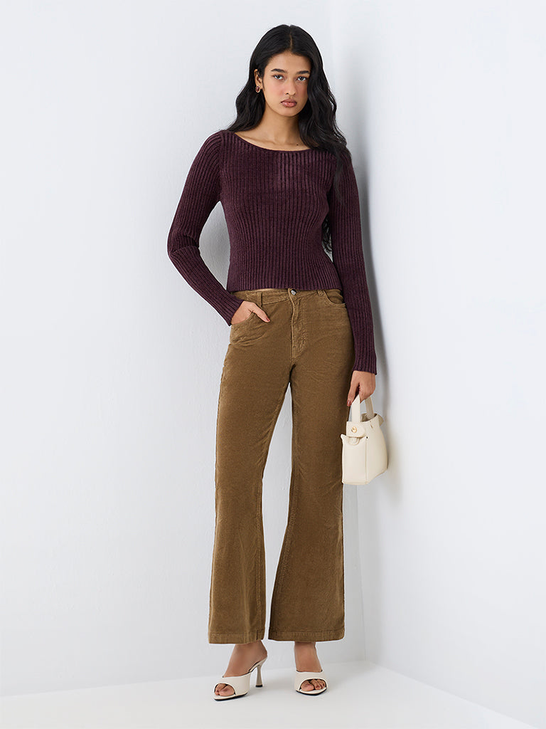 LOV Dark Plum Ribbed-Textured Top