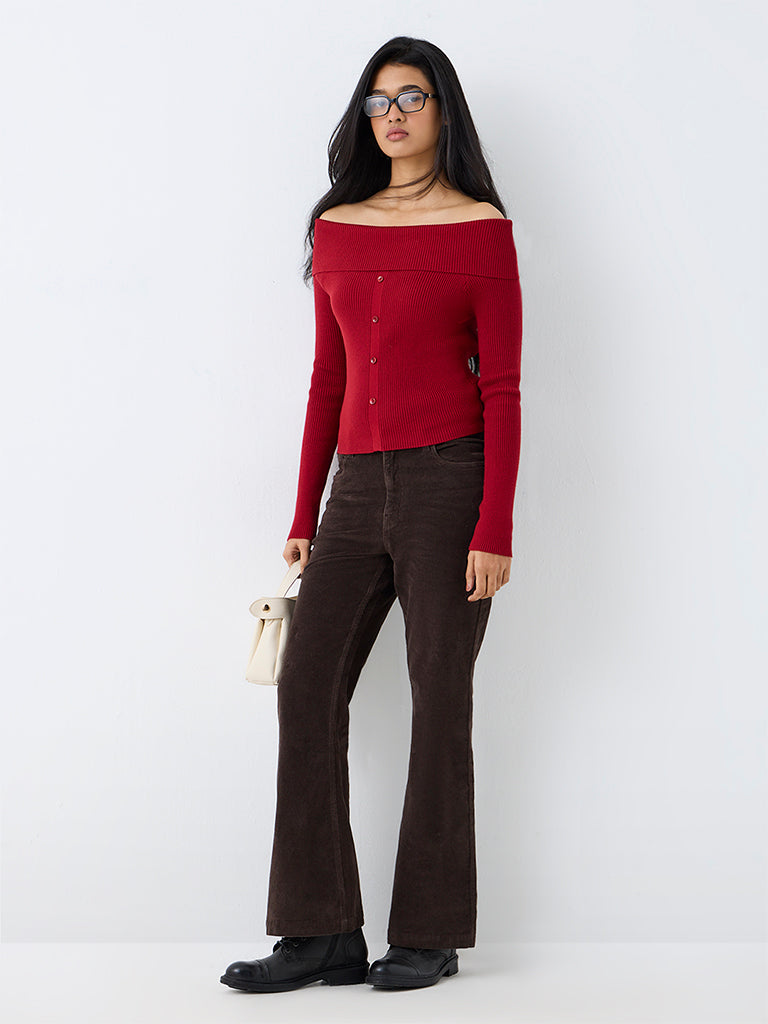 LOV Red Ribbed-Textured Off-Shoulder Top