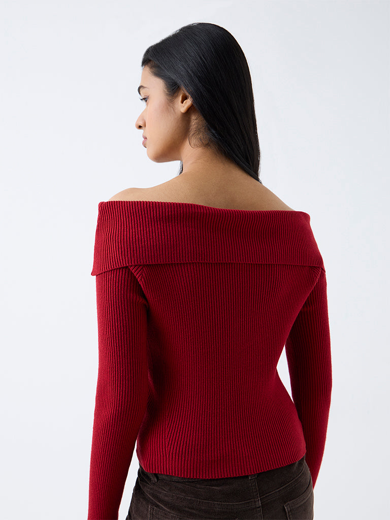 LOV Red Ribbed-Textured Off-Shoulder Top