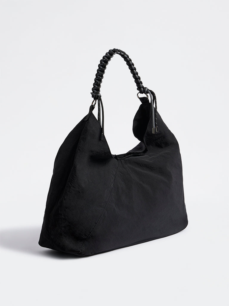 Westside Black Braided-Strap Slouchy Shoulder Bag