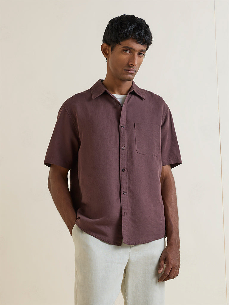 WES Casuals Brown Relaxed-Fit Linen-Blend Shirt