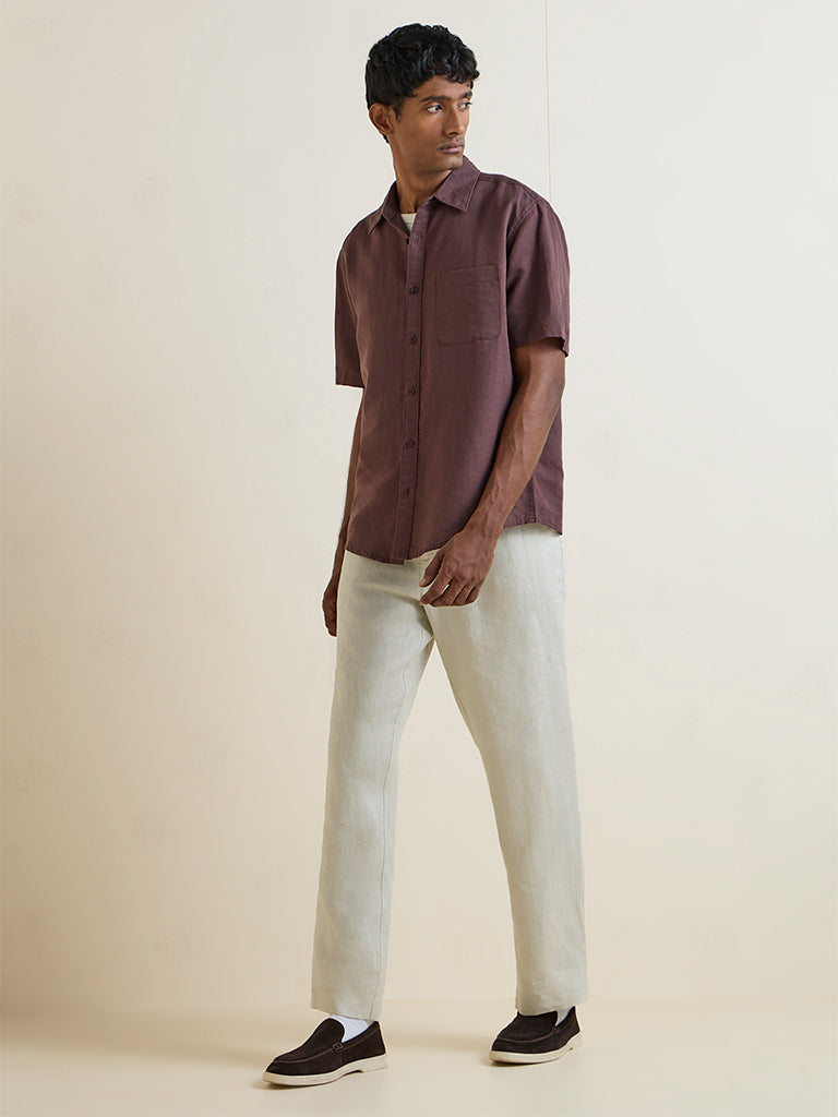 WES Casuals Brown Relaxed-Fit Linen-Blend Shirt
