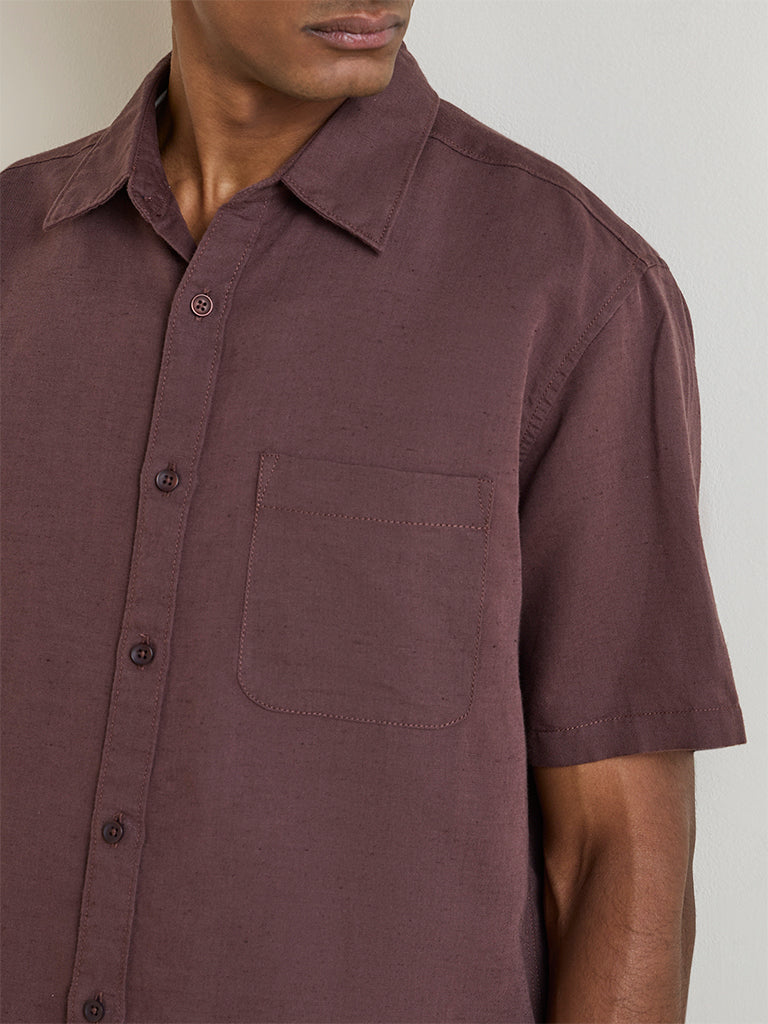 WES Casuals Brown Relaxed-Fit Linen-Blend Shirt