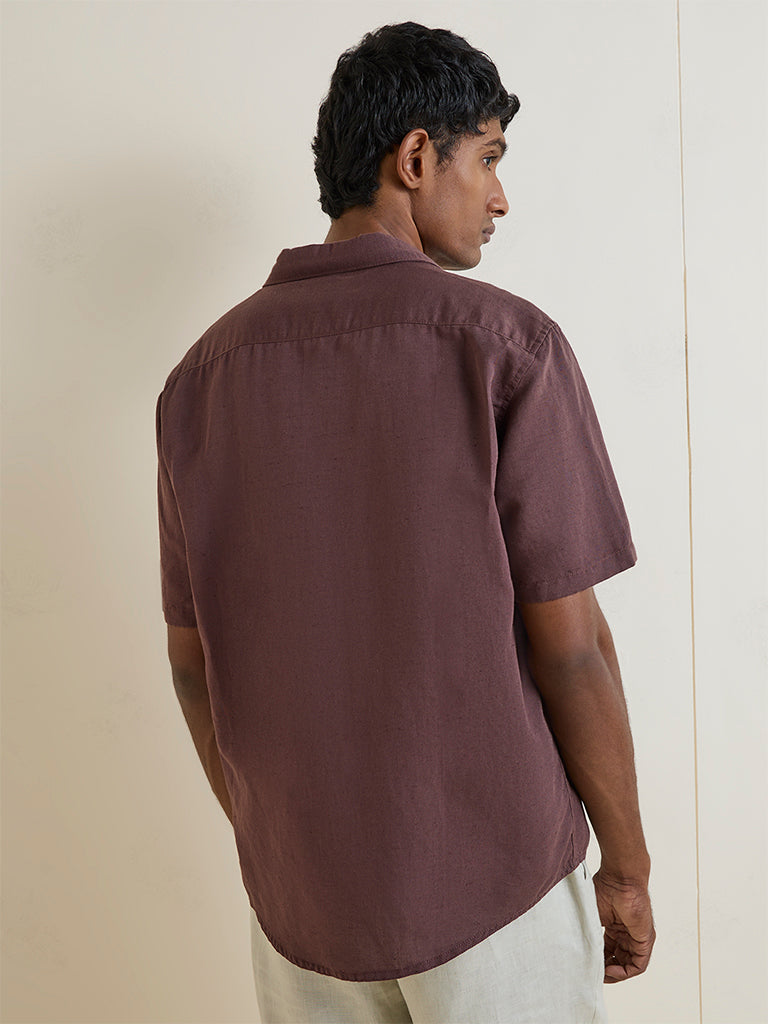 WES Casuals Brown Relaxed-Fit Linen-Blend Shirt