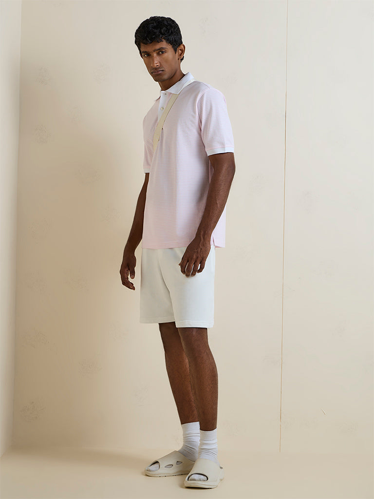 WES Casuals Light Pink Striped Relaxed-Fit Cotton-Blend Polo T-Shirt