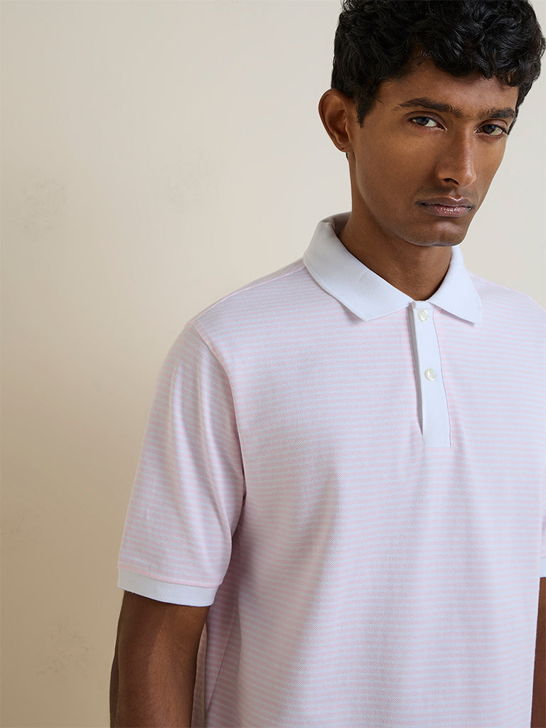 WES Casuals Light Pink Striped Relaxed-Fit Cotton-Blend Polo T-Shirt