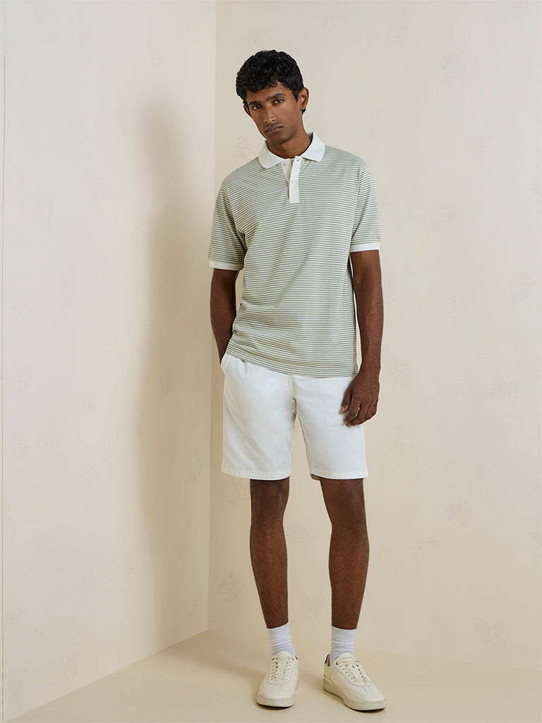 WES Casuals Sage Green Striped Relaxed-Fit Cotton-Blend T-Shirt