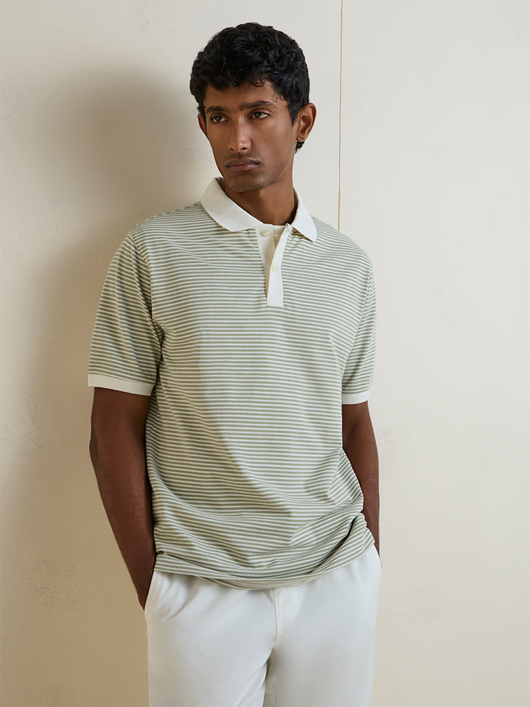 WES Casuals Sage Green Striped Relaxed-Fit Cotton-Blend T-Shirt