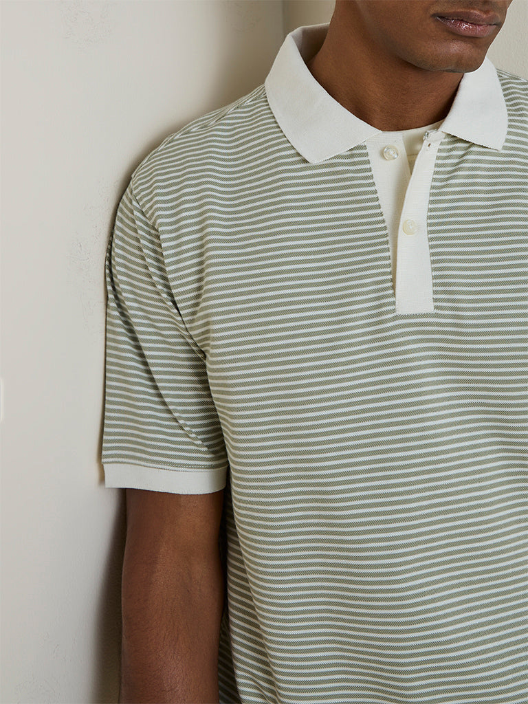 WES Casuals Sage Green Striped Relaxed-Fit Cotton-Blend T-Shirt