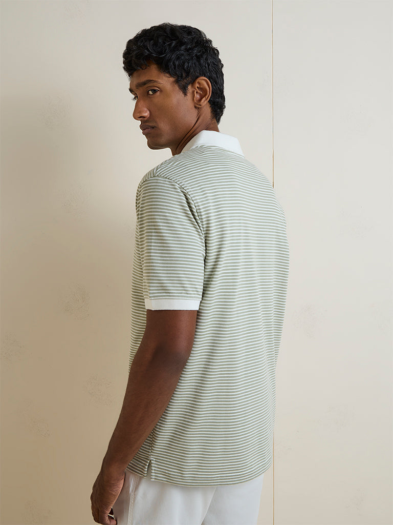 WES Casuals Sage Green Striped Relaxed-Fit Cotton-Blend T-Shirt