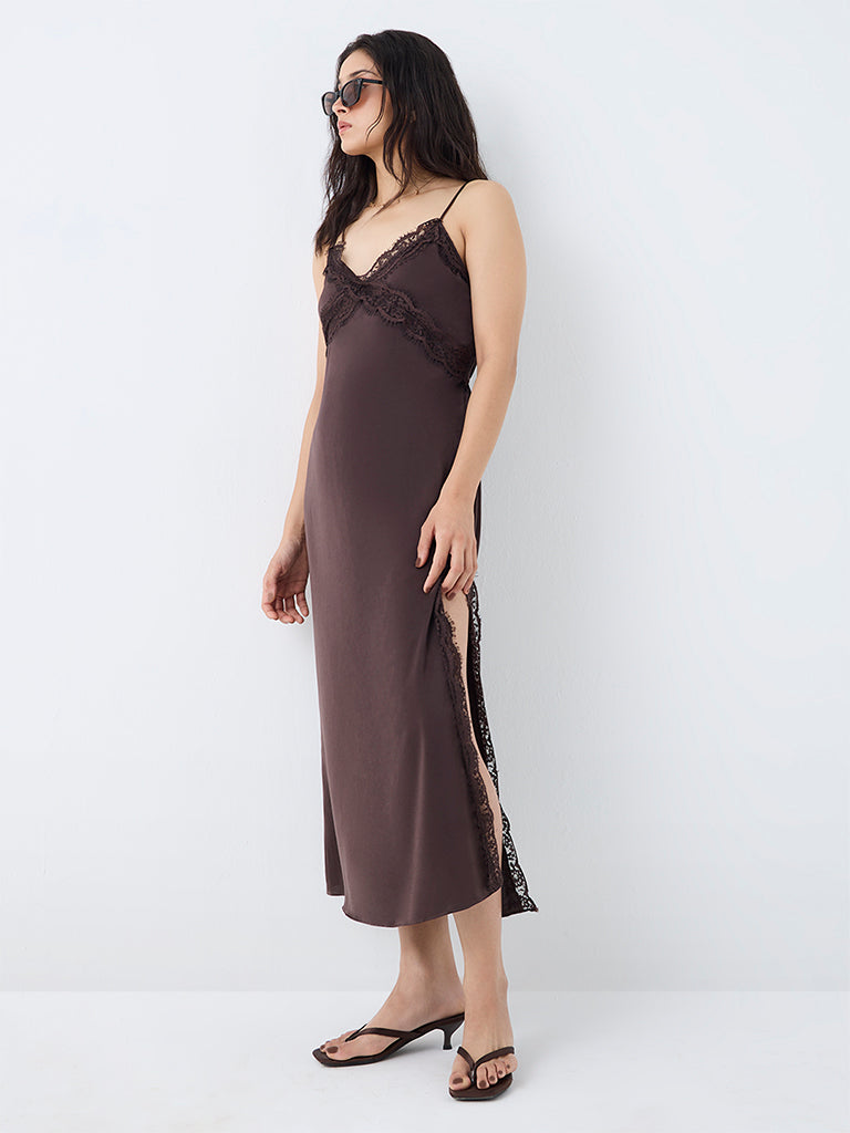 Nuon Dark Brown Lace-Detail A-Line Dress
