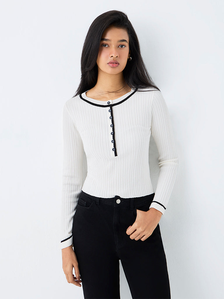LOV White Ribbed-Textured Cotton-Blend Top