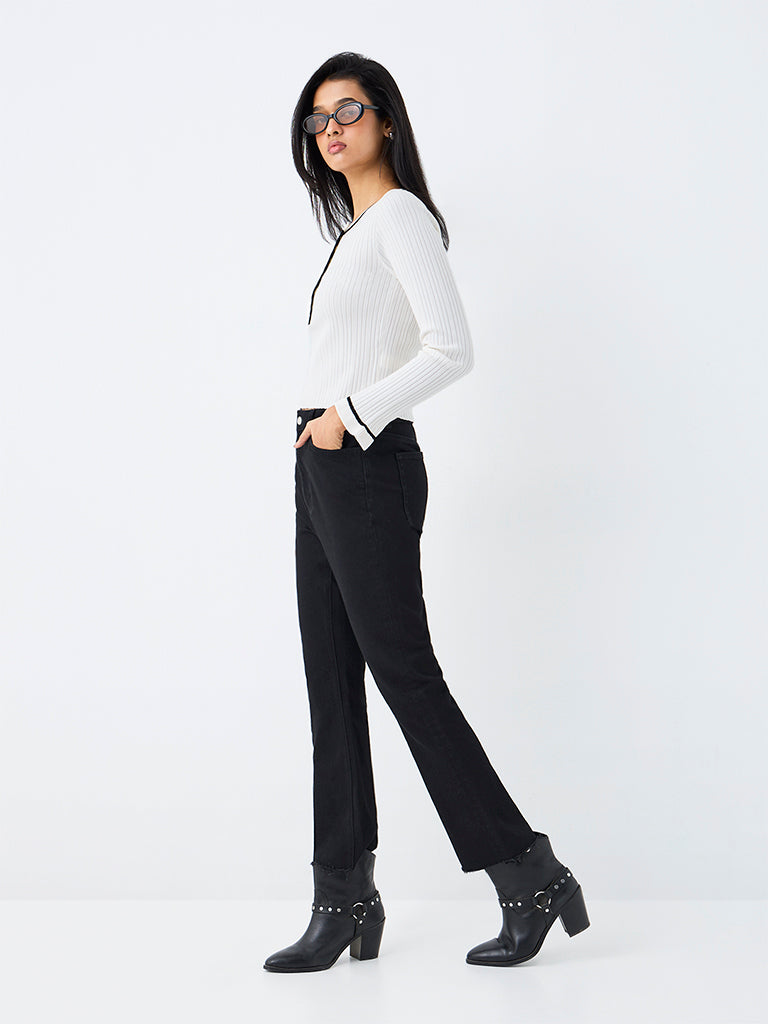 LOV White Ribbed-Textured Cotton-Blend Top