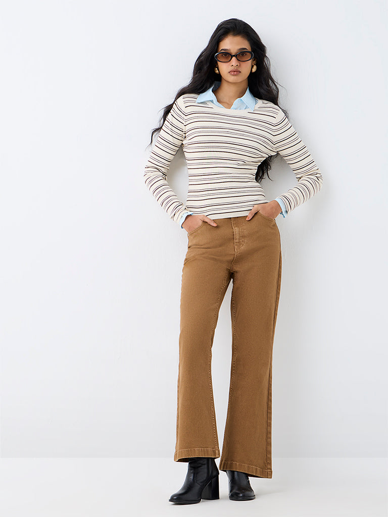 LOV Dark Brown Rib-Knitted Striped Top