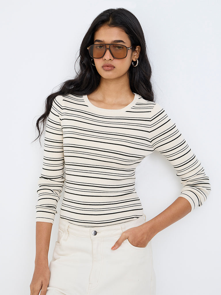 LOV Dark Green Rib-Knitted Striped Top