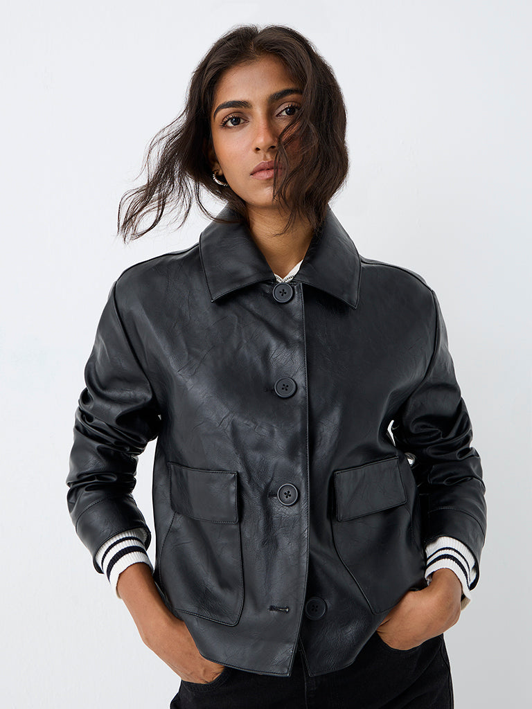 LOV Black Crinkle-Textured Faux Leather Jacket