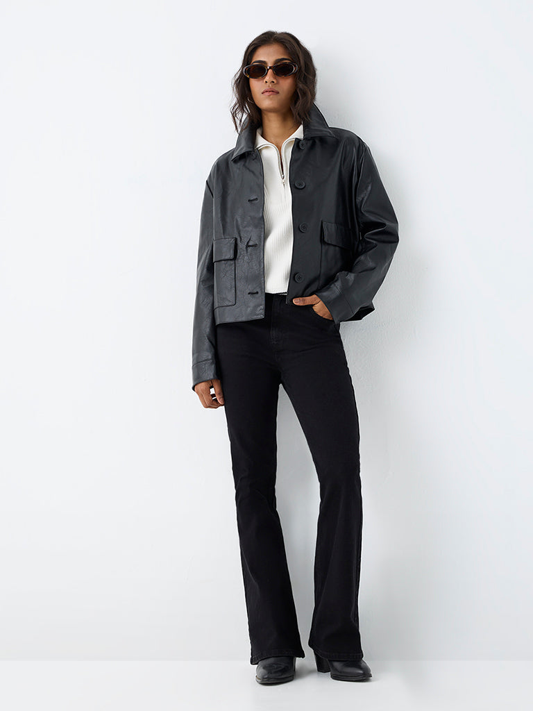 LOV Black Crinkle-Textured Faux Leather Jacket