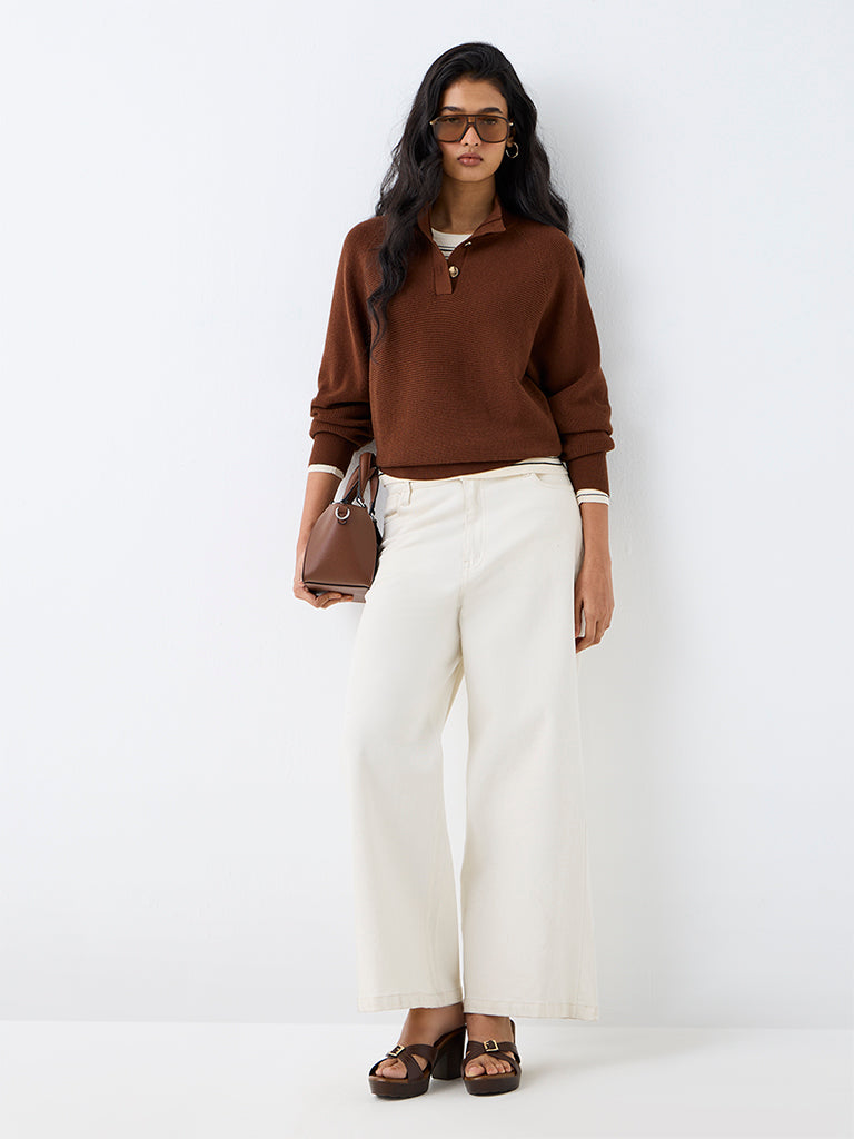 LOV Dark Brown Ribbed-Textured Sweater