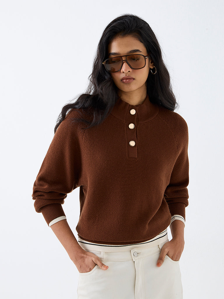 LOV Dark Brown Ribbed-Textured Sweater