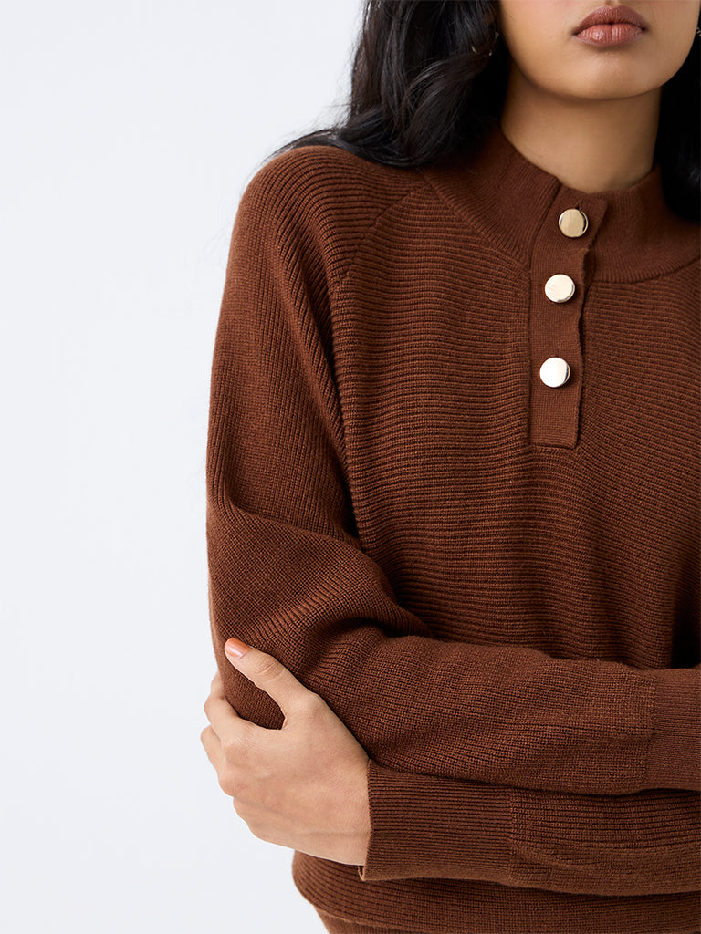 LOV Dark Brown Ribbed-Textured Sweater