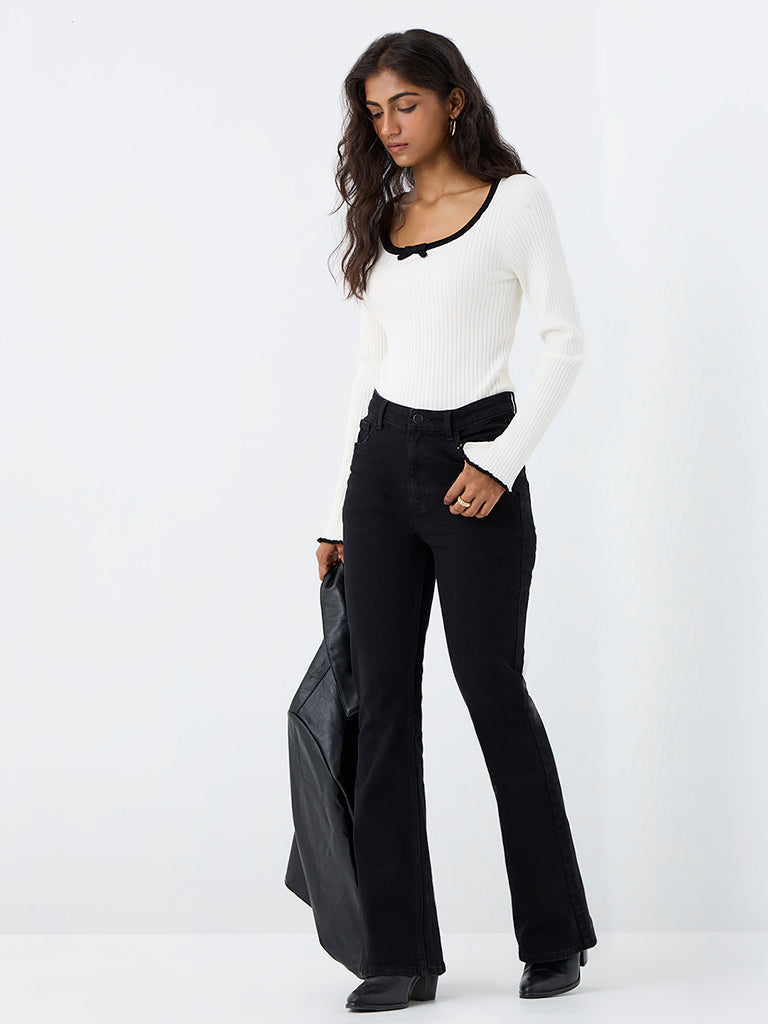 LOV White Ribbed Bow-Detail Top