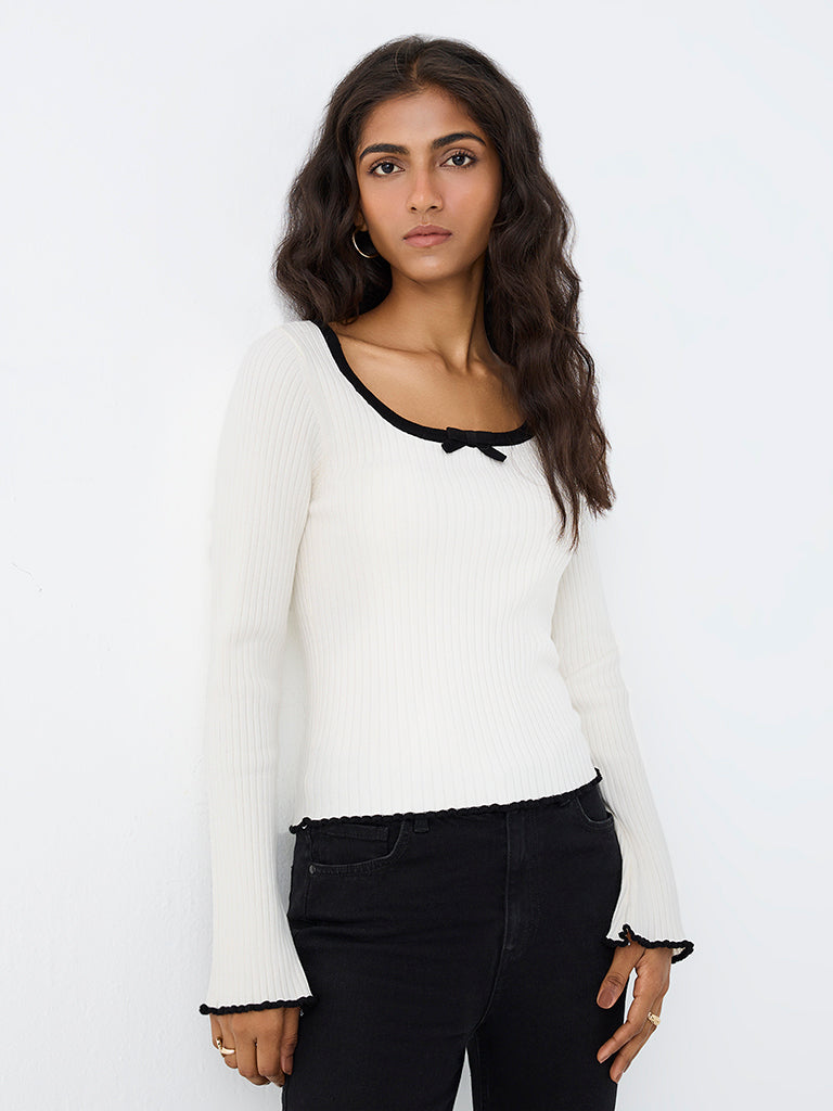 LOV White Ribbed Bow-Detail Top