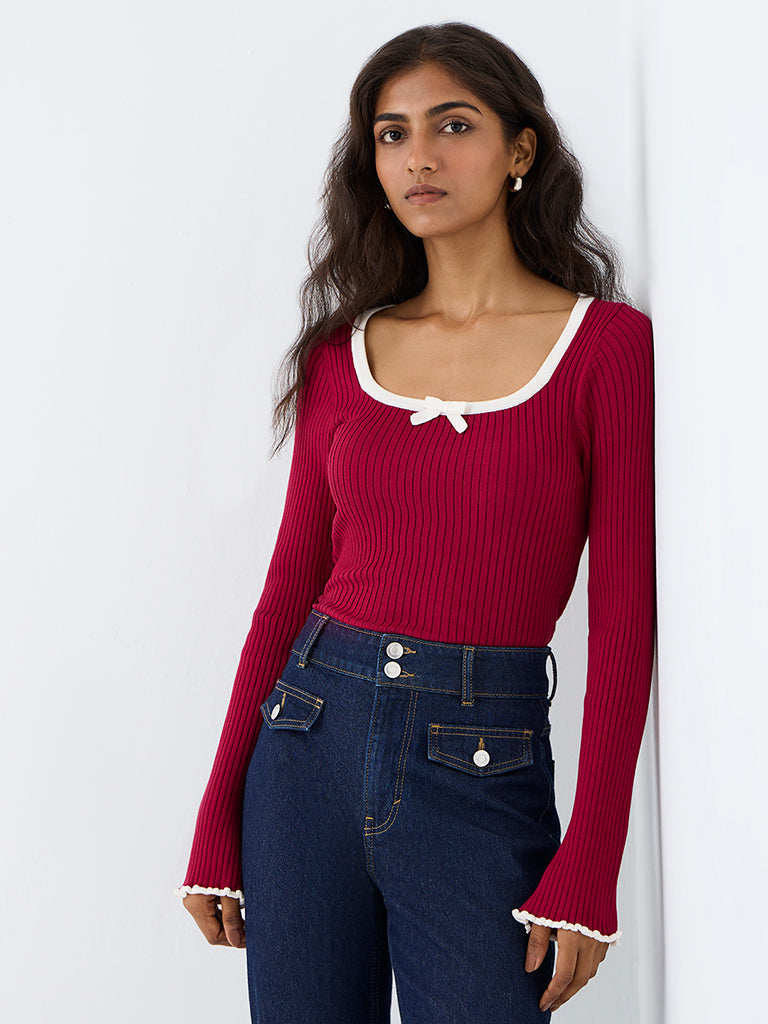 LOV Burgundy Ribbed Bow-Detail Top