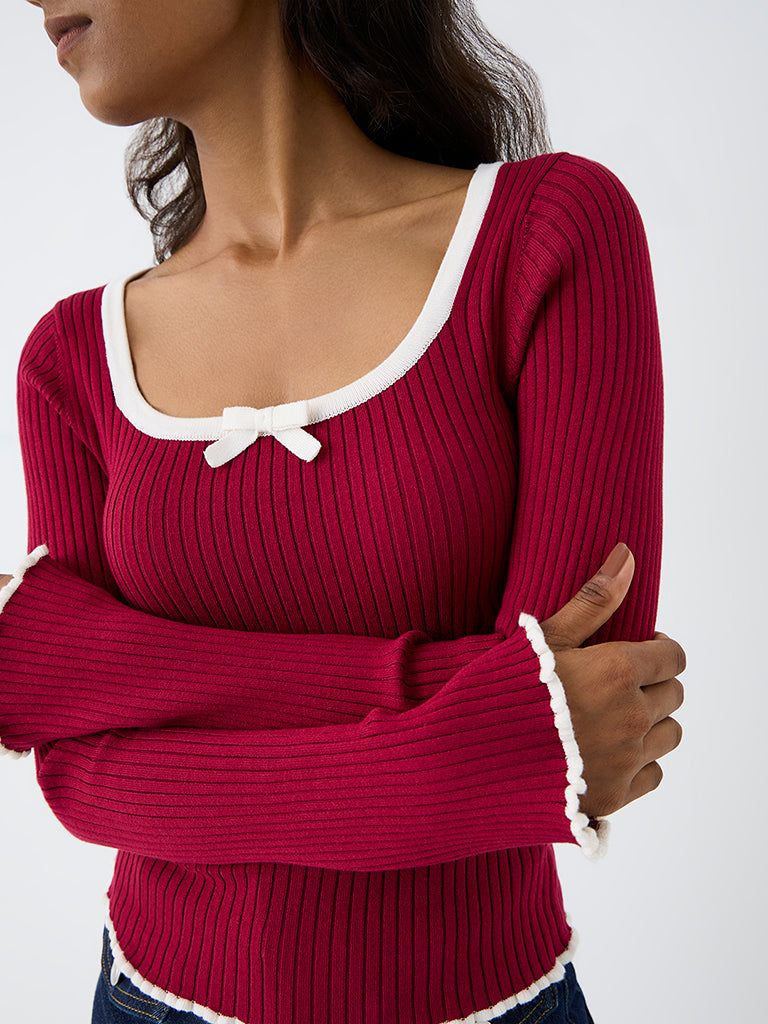 LOV Burgundy Ribbed Bow-Detail Top