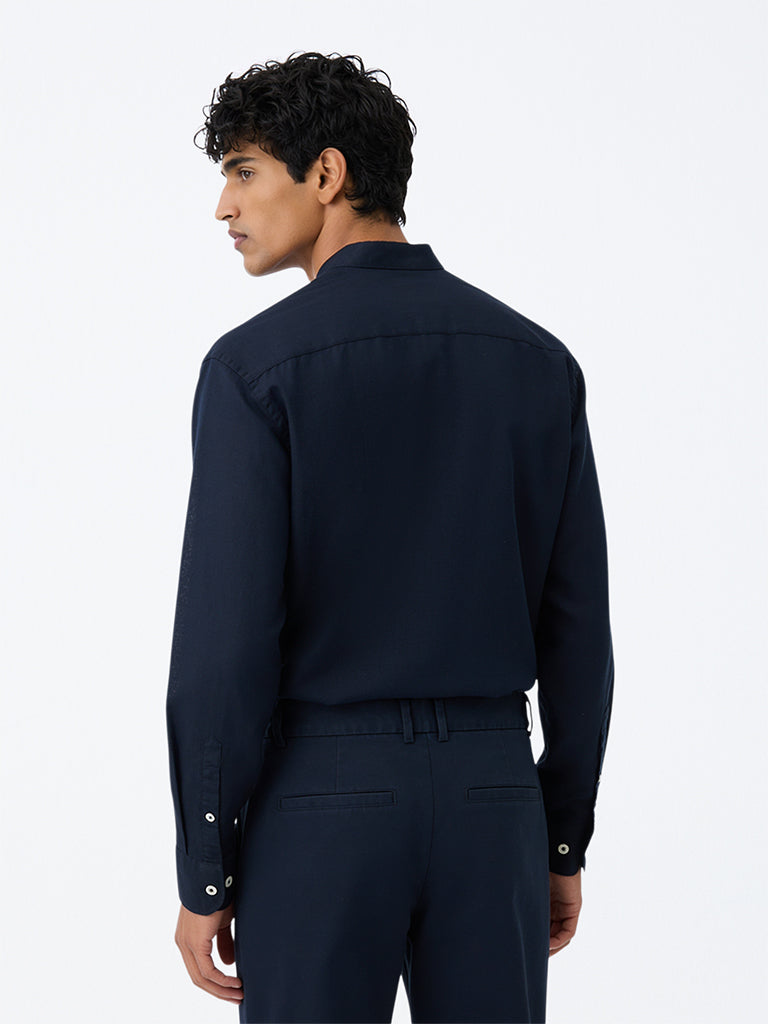 Ascot Navy Solid Relaxed-Fit Linen-Blend Shirt