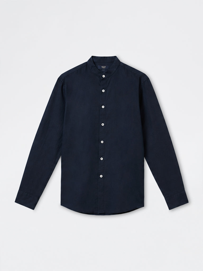 Ascot Navy Solid Relaxed-Fit Linen-Blend Shirt