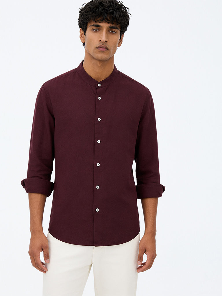 Ascot Wine Solid Relaxed-Fit Linen-Blend Shirt