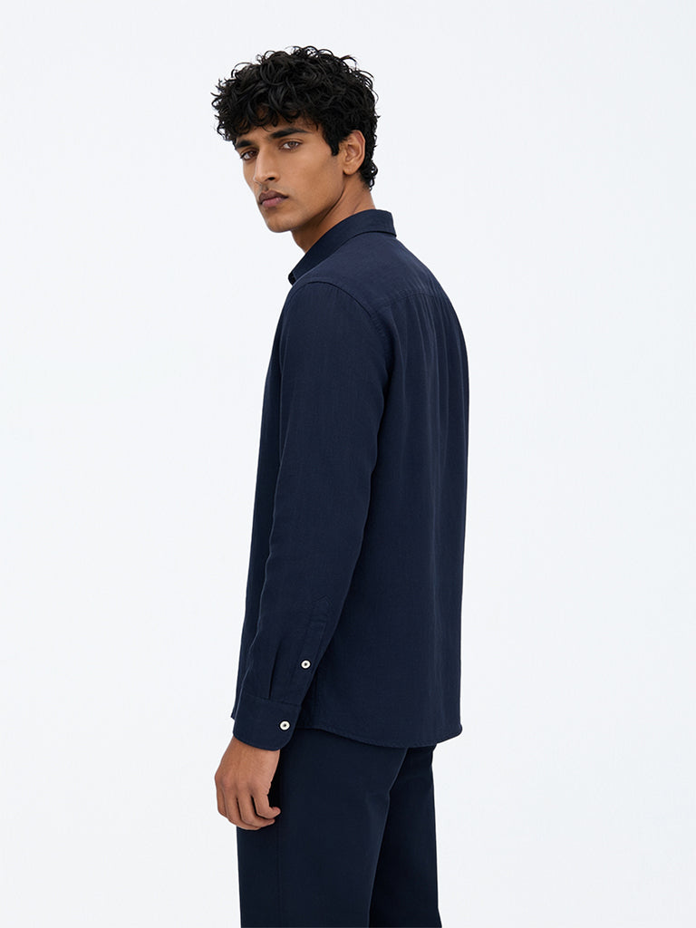Ascot Navy Solid Relaxed-Fit Linen Shirt