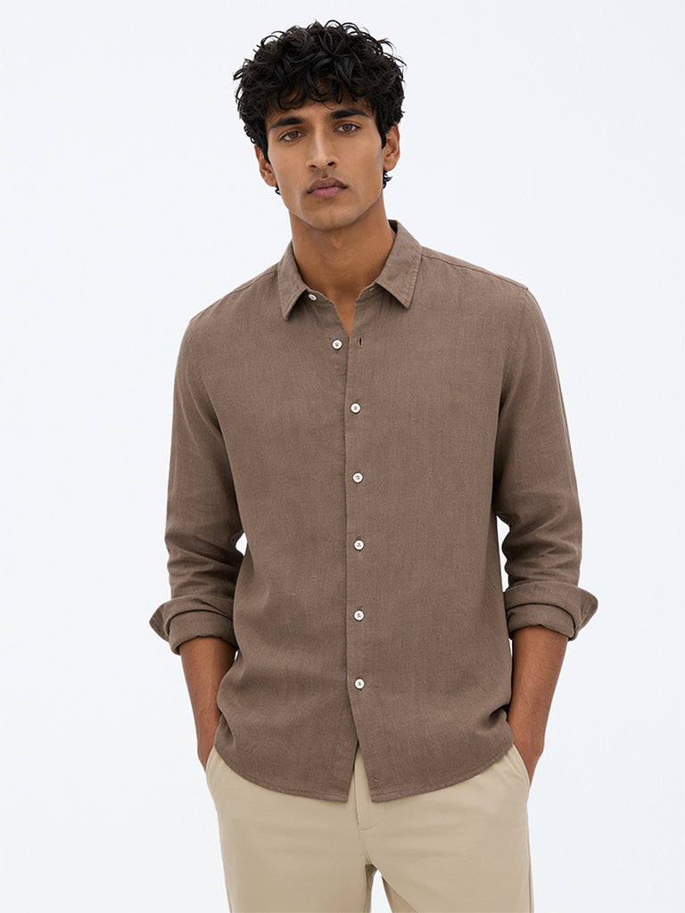 Ascot Dark Taupe Solid Relaxed-Fit Linen Shirt
