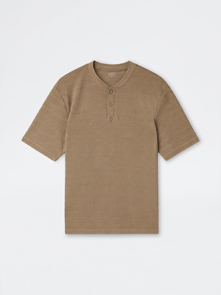 WES Lounge Dark Beige Self-Striped Relaxed-Fit T-Shirt