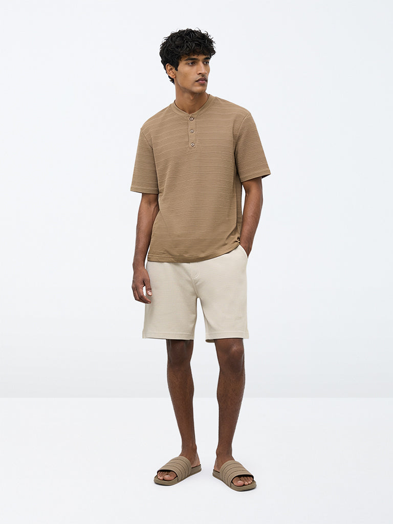 WES Lounge Dark Beige Self-Striped Relaxed-Fit T-Shirt