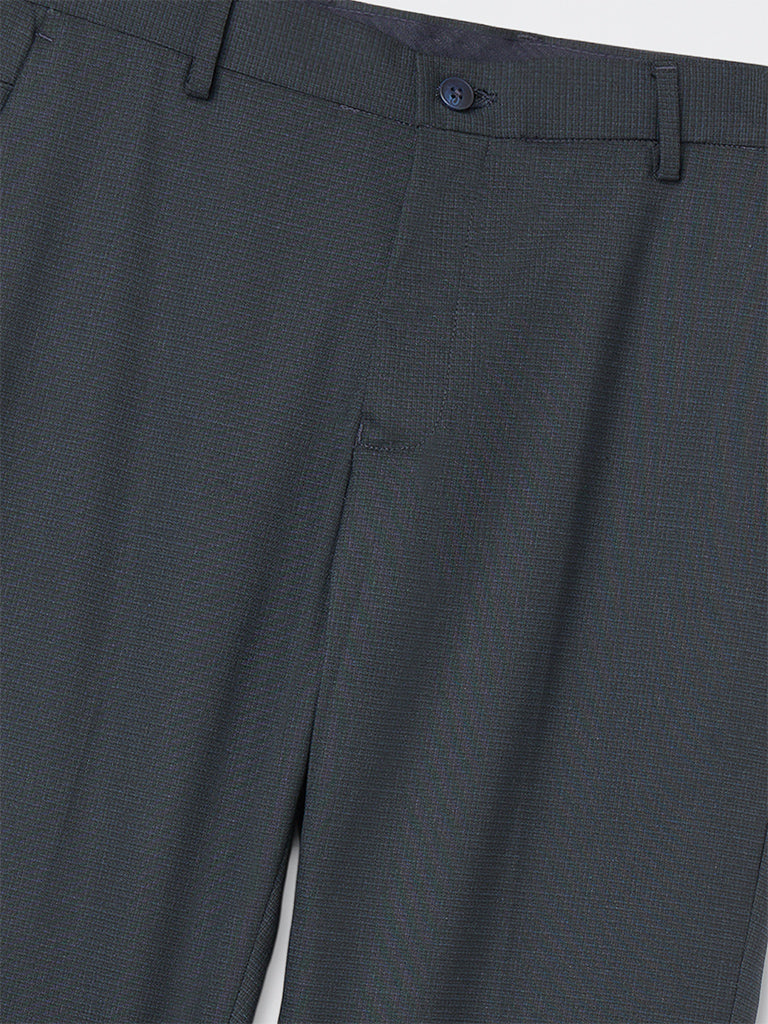 WES Formals Grey Self-Patterned Carrot-Fit Mid-Rise Trousers