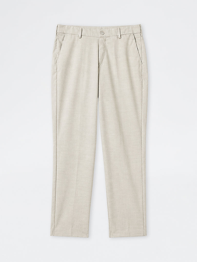 WES Formals Light Grey Solid Slim-Fit Mid-Rise Trousers
