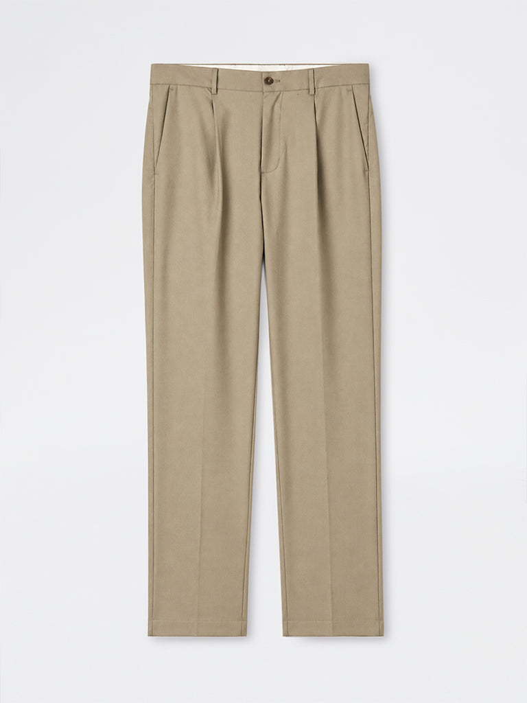 WES Formals Taupe Solid Relaxed-Fit Mid-Rise Trousers