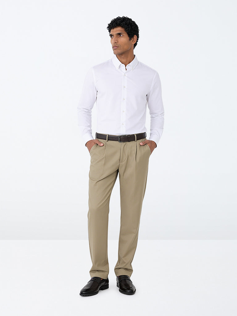 WES Formals Taupe Solid Relaxed-Fit Mid-Rise Trousers