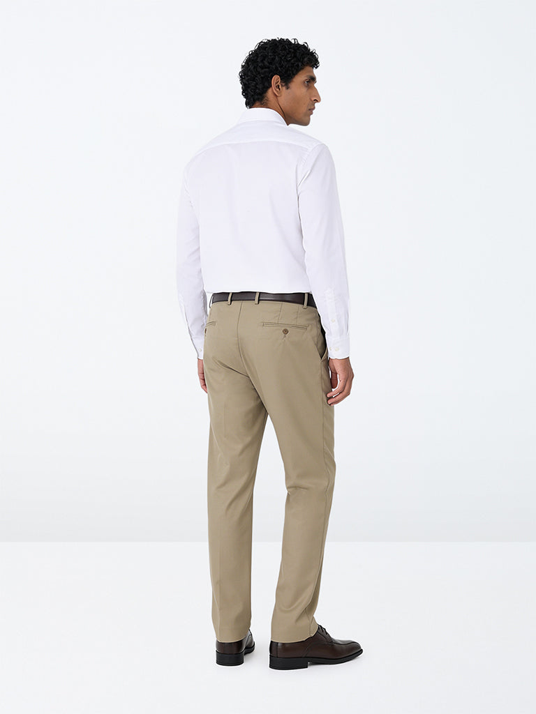 WES Formals Taupe Solid Relaxed-Fit Mid-Rise Trousers