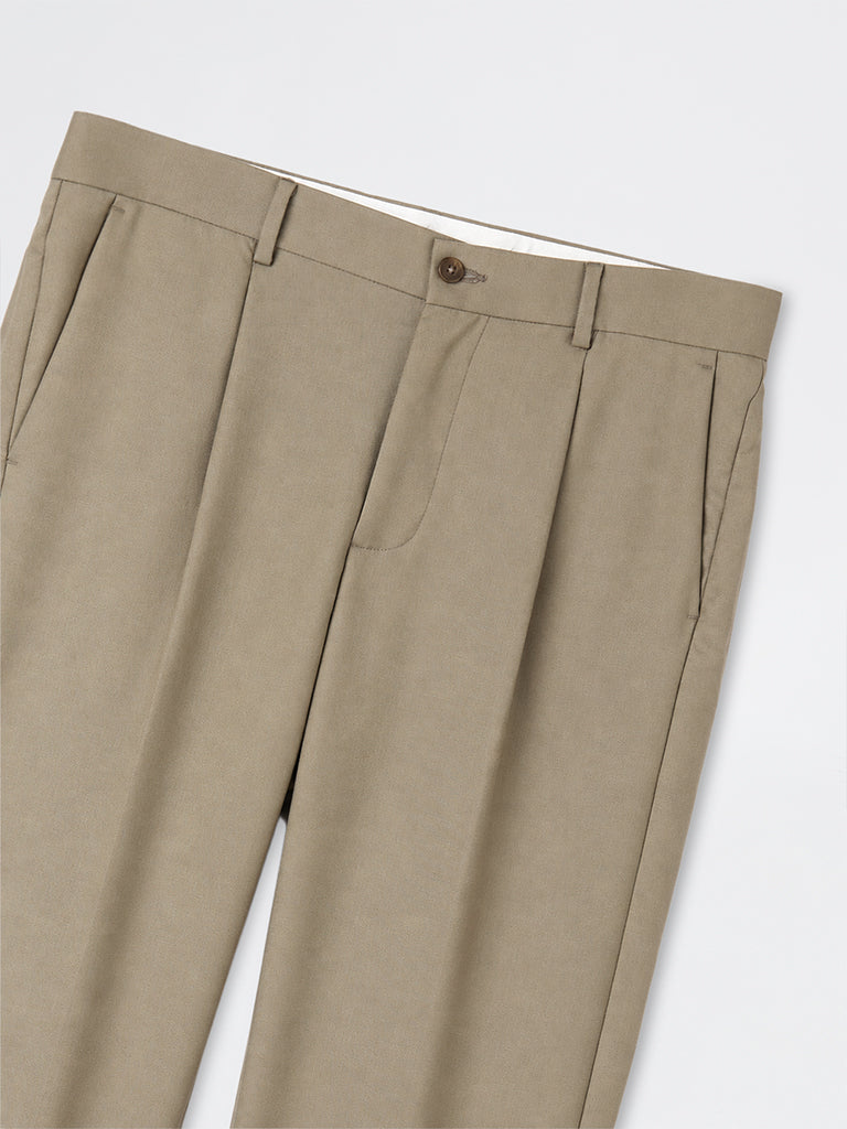 WES Formals Taupe Solid Relaxed-Fit Mid-Rise Trousers