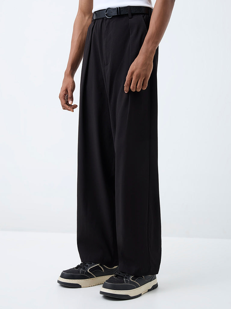 Nuon Black Pleated Loose-Fit Mid-Rise Cotton Trousers